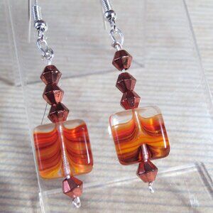 Ombre Square Orange Brown Glass Bead & Copper Bicone Beads Silverplate Earrings
